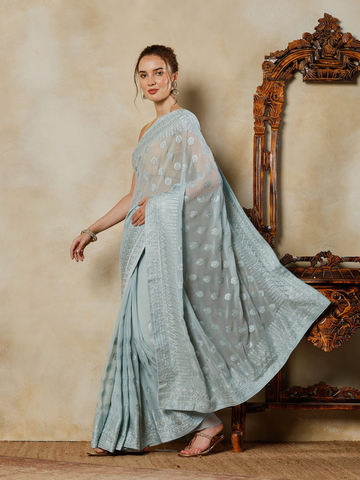 Sky Blue Embroidered Georgette Saree