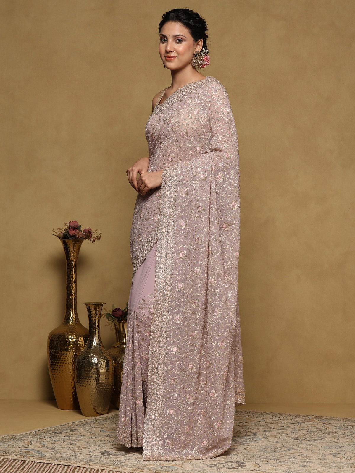 Lavender Embroidered Georgette Saree