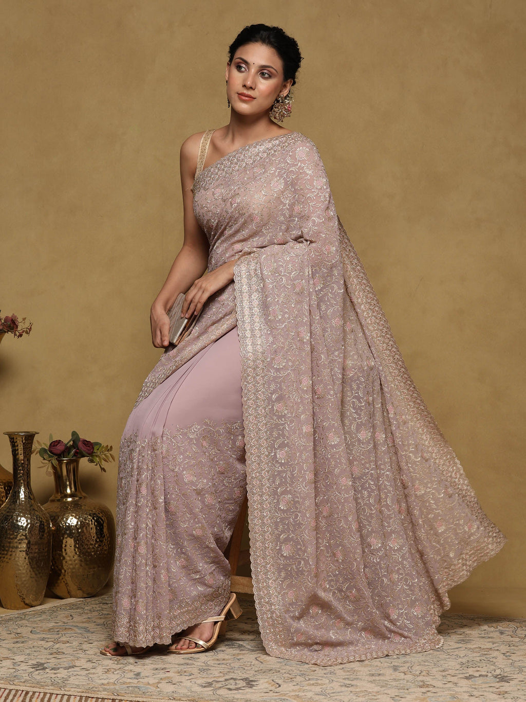 Lavender Embroidered Georgette Saree