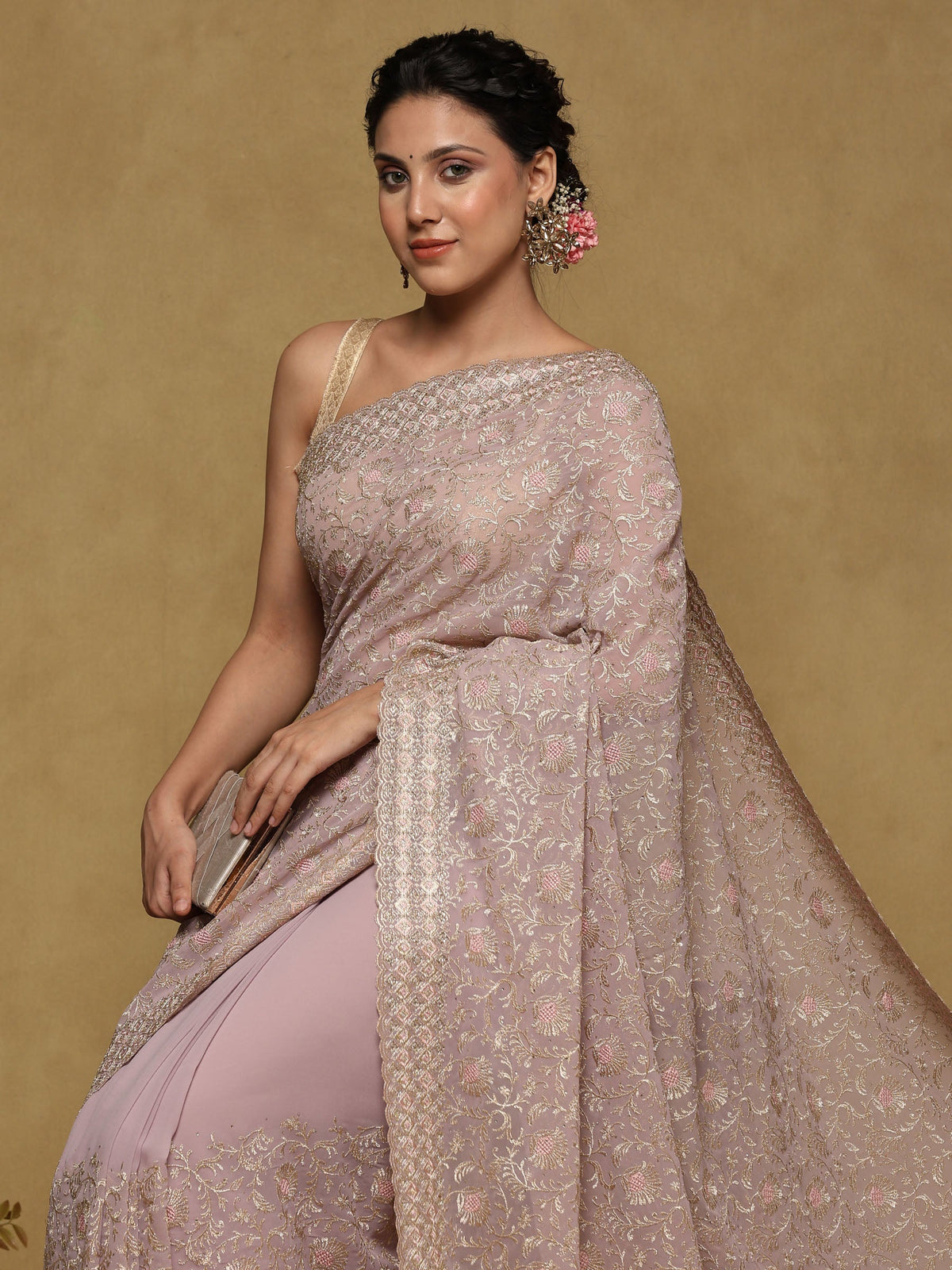 Lavender Embroidered Georgette Saree