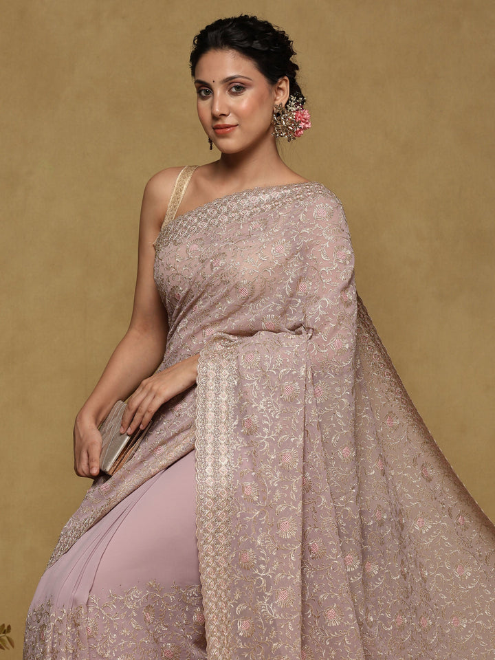 Lavender Embroidered Georgette Saree