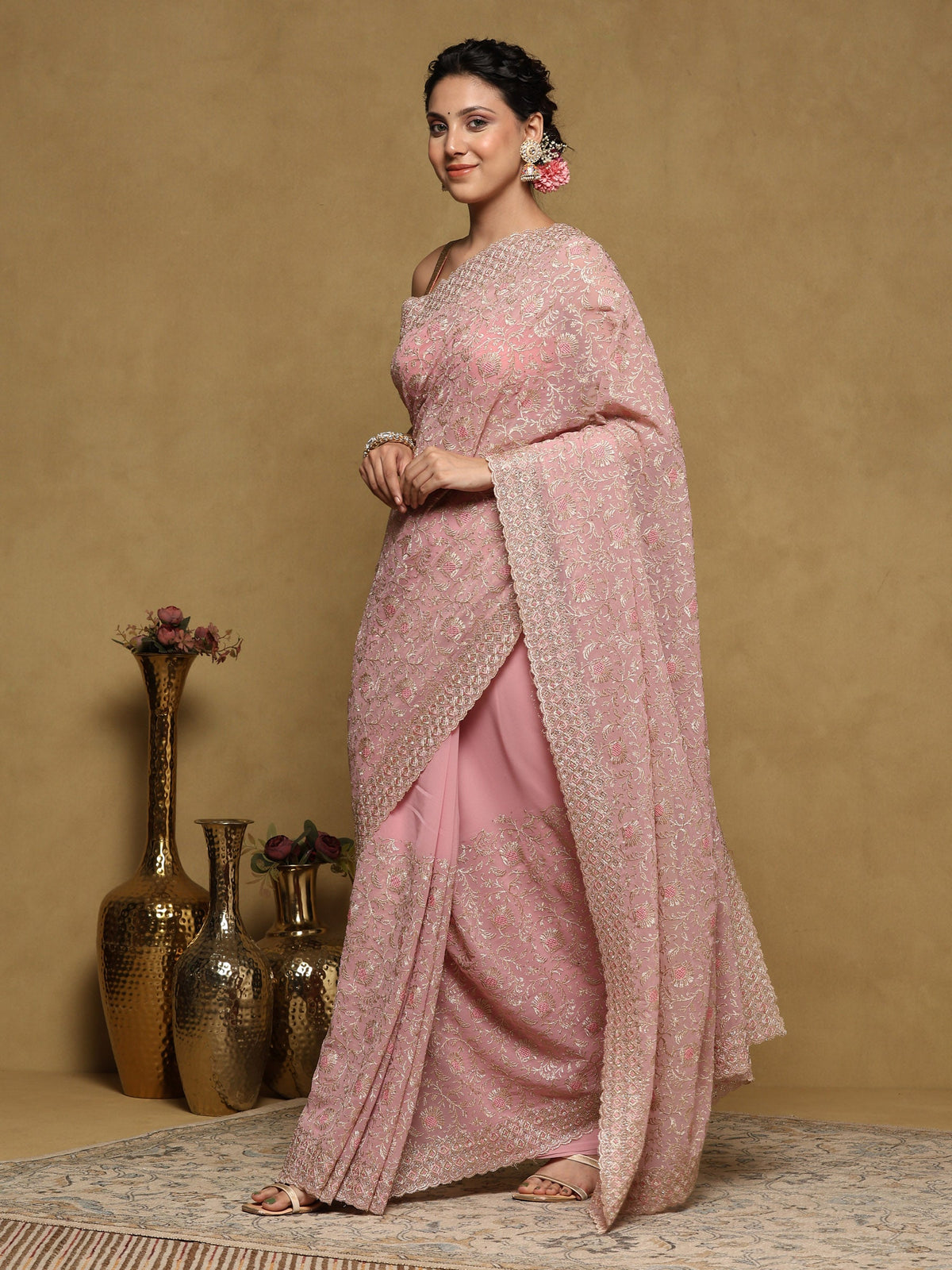 Pink Embroidered Georgette Saree