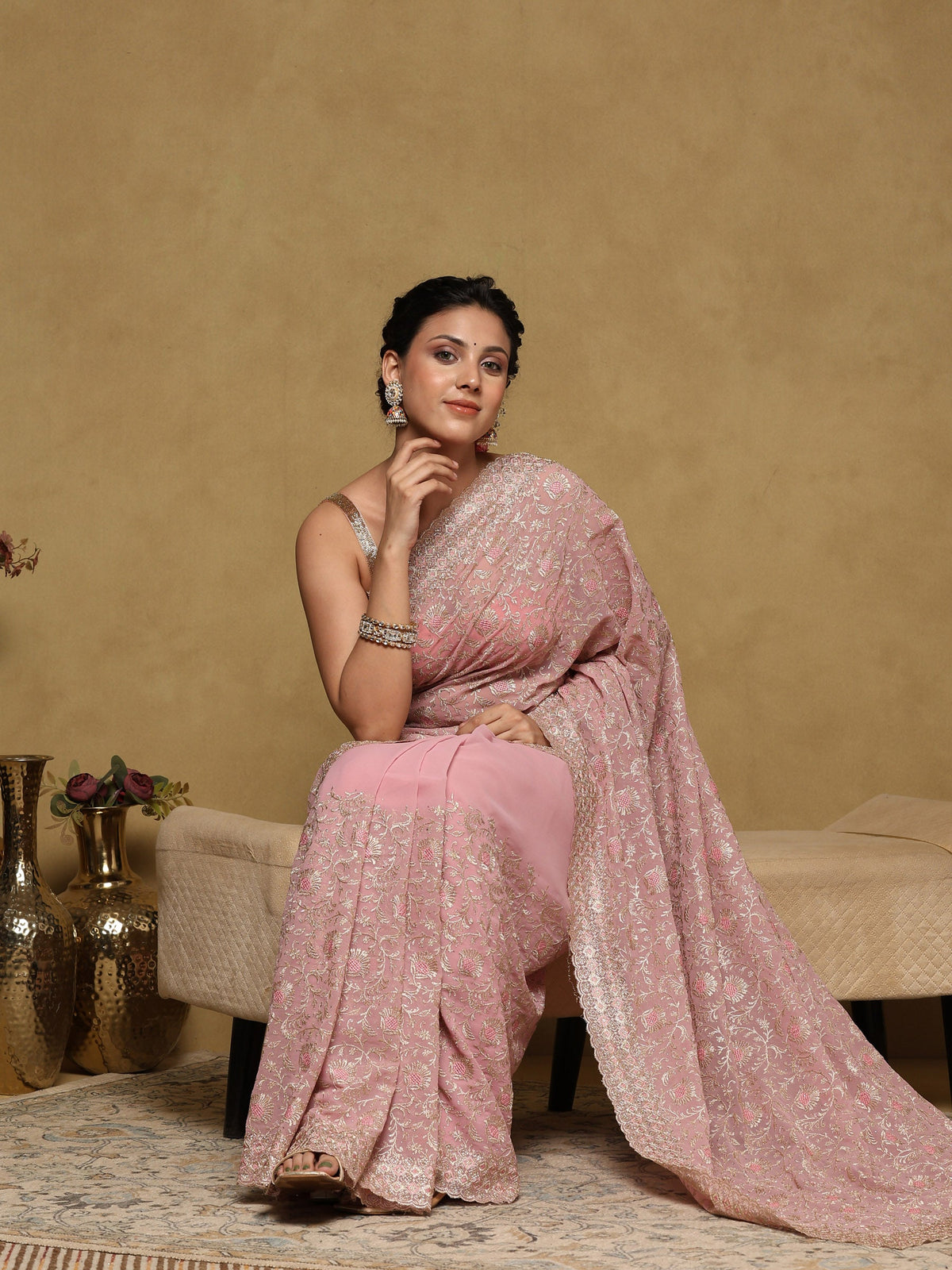 Pink Lavender Embroidered Georgette Saree
