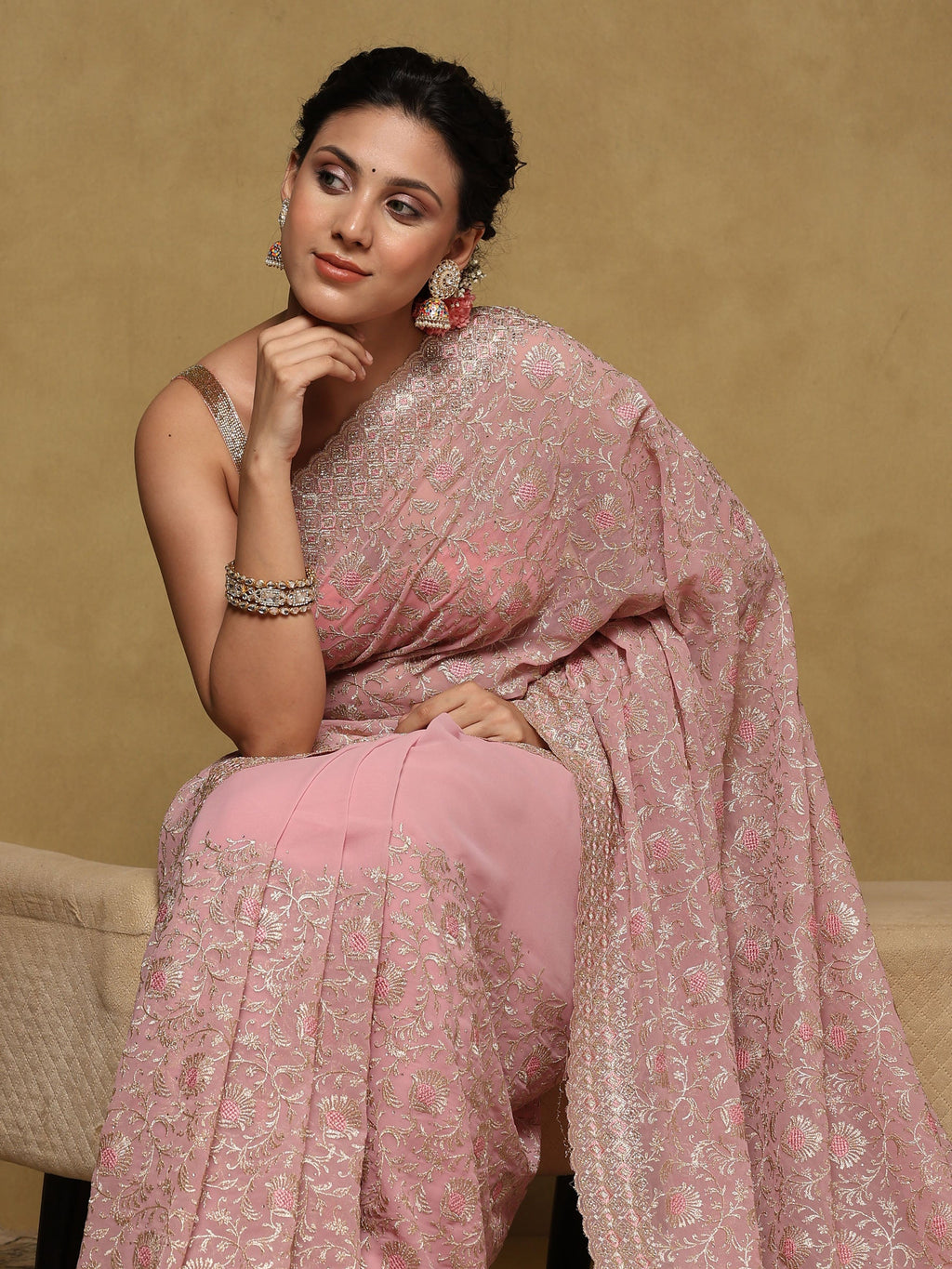 Pink Lavender Embroidered Georgette Saree