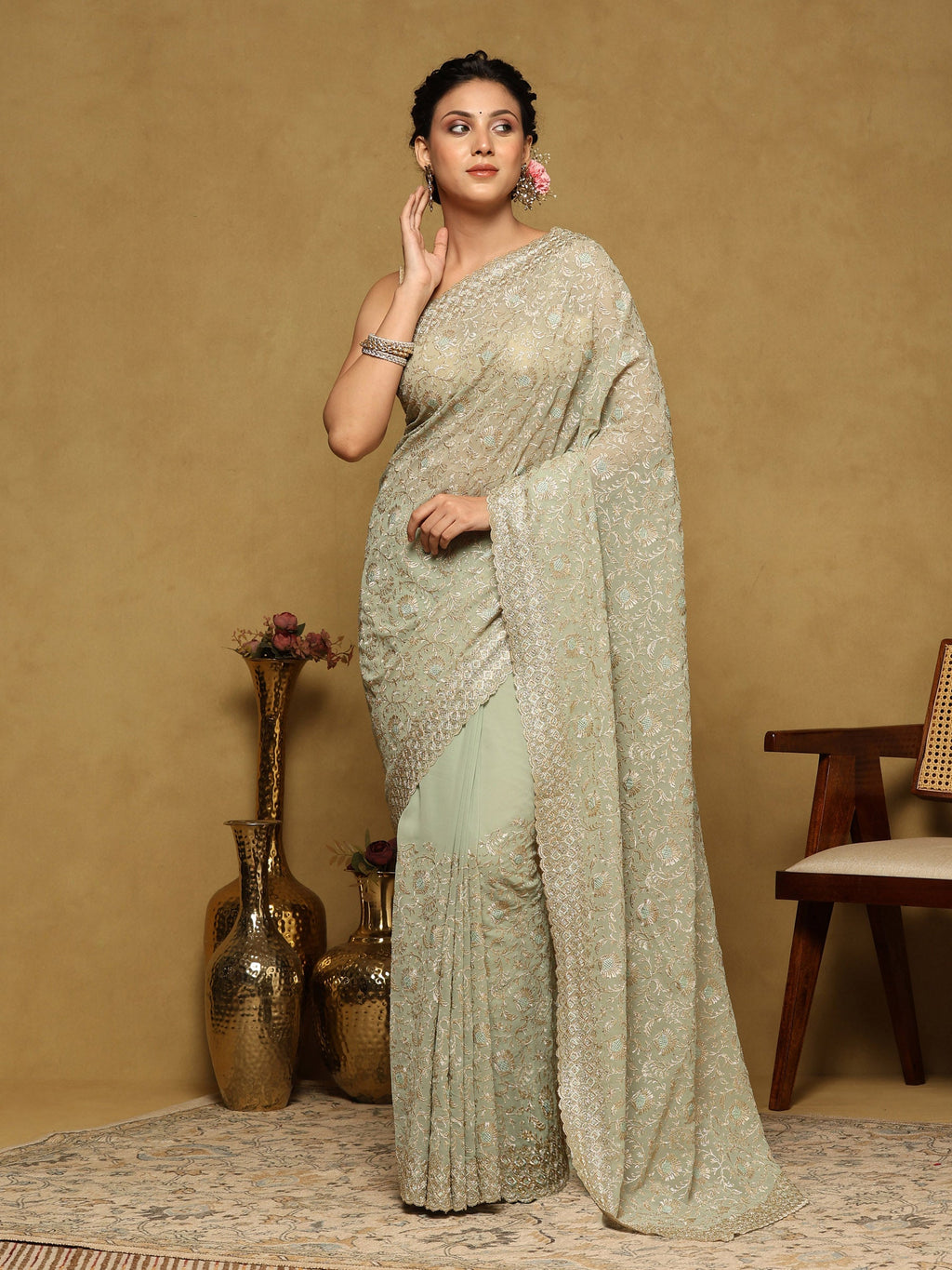 Sea Green Embroidered Georgette Saree