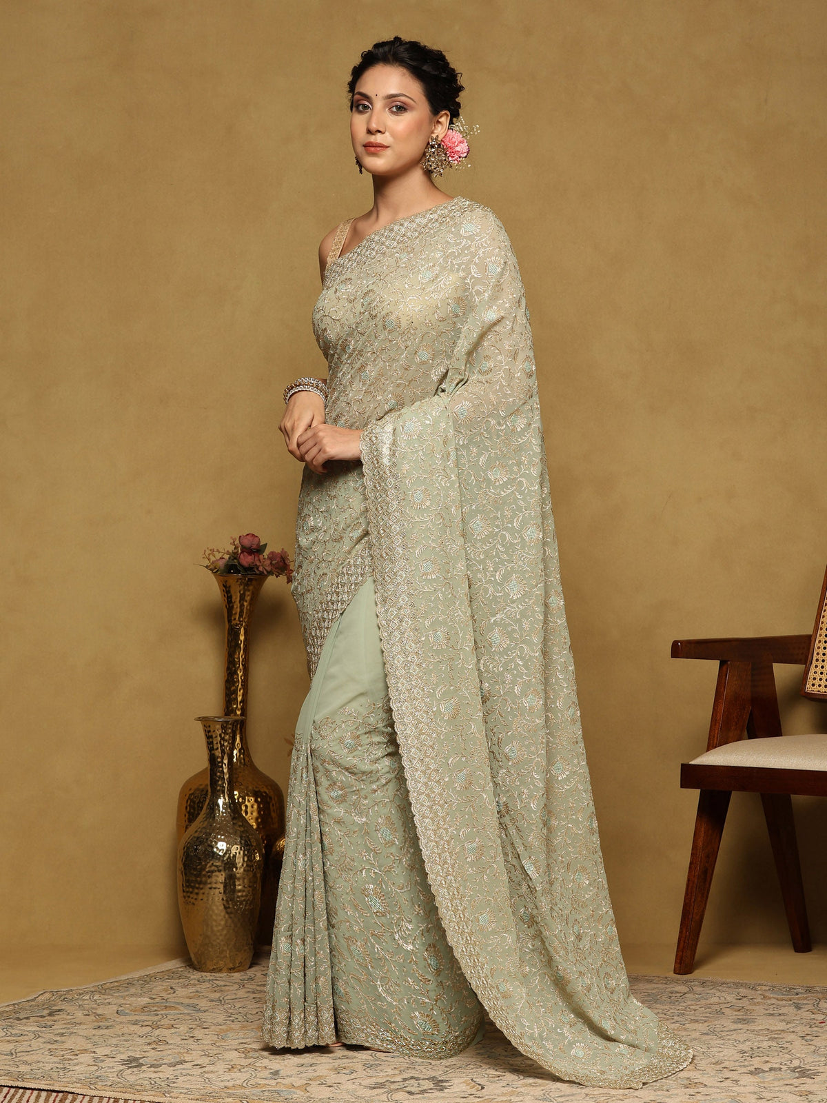 Sea Green Embroidered Georgette Saree