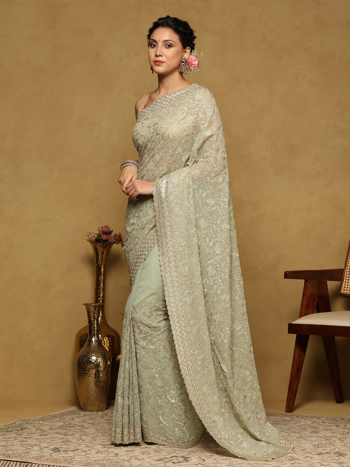 Sea Green Embroidered Georgette Saree