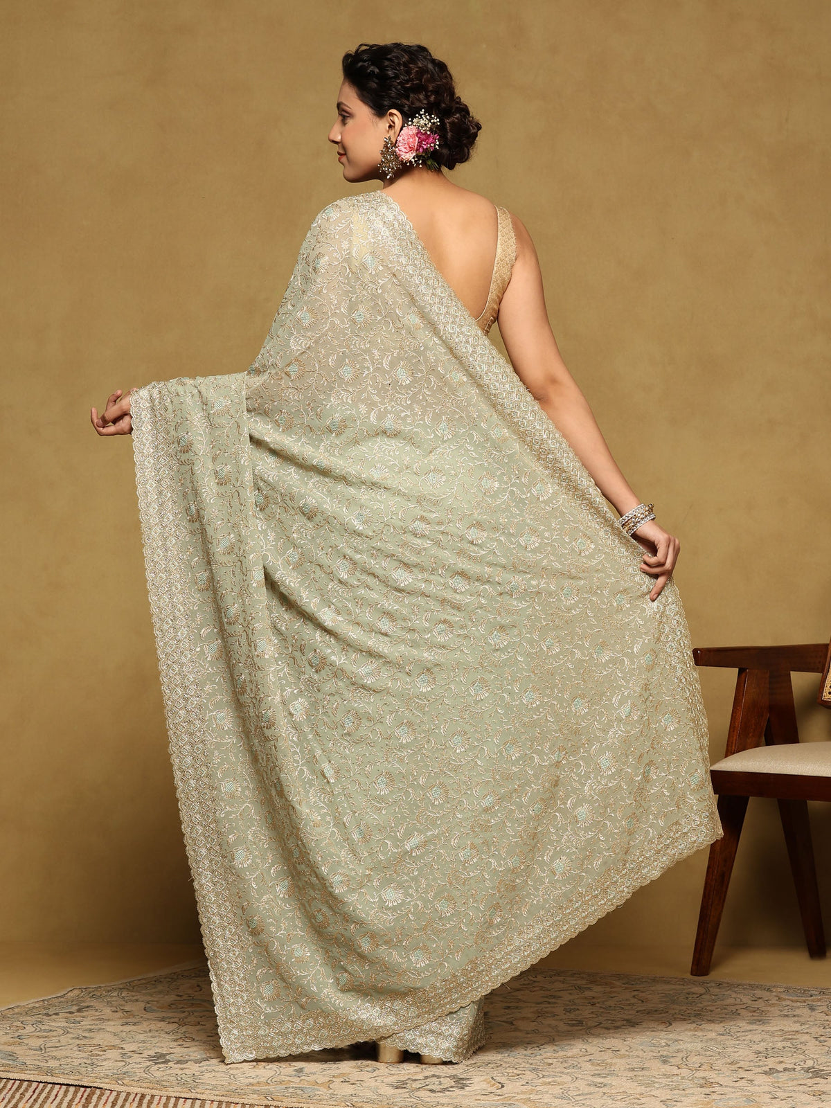 Sea Green Embroidered Georgette Saree