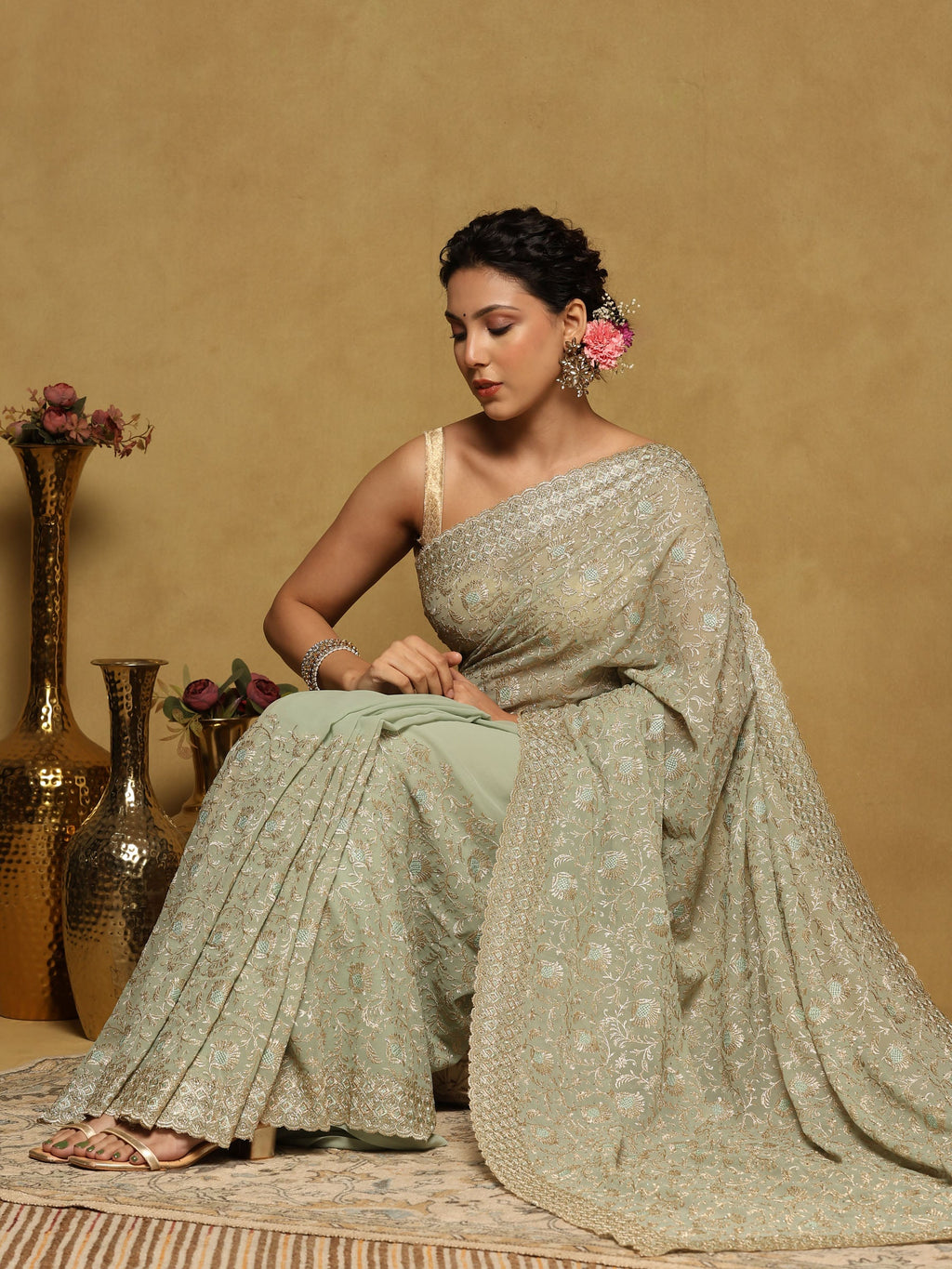 Sea Green Embroidered Georgette Saree