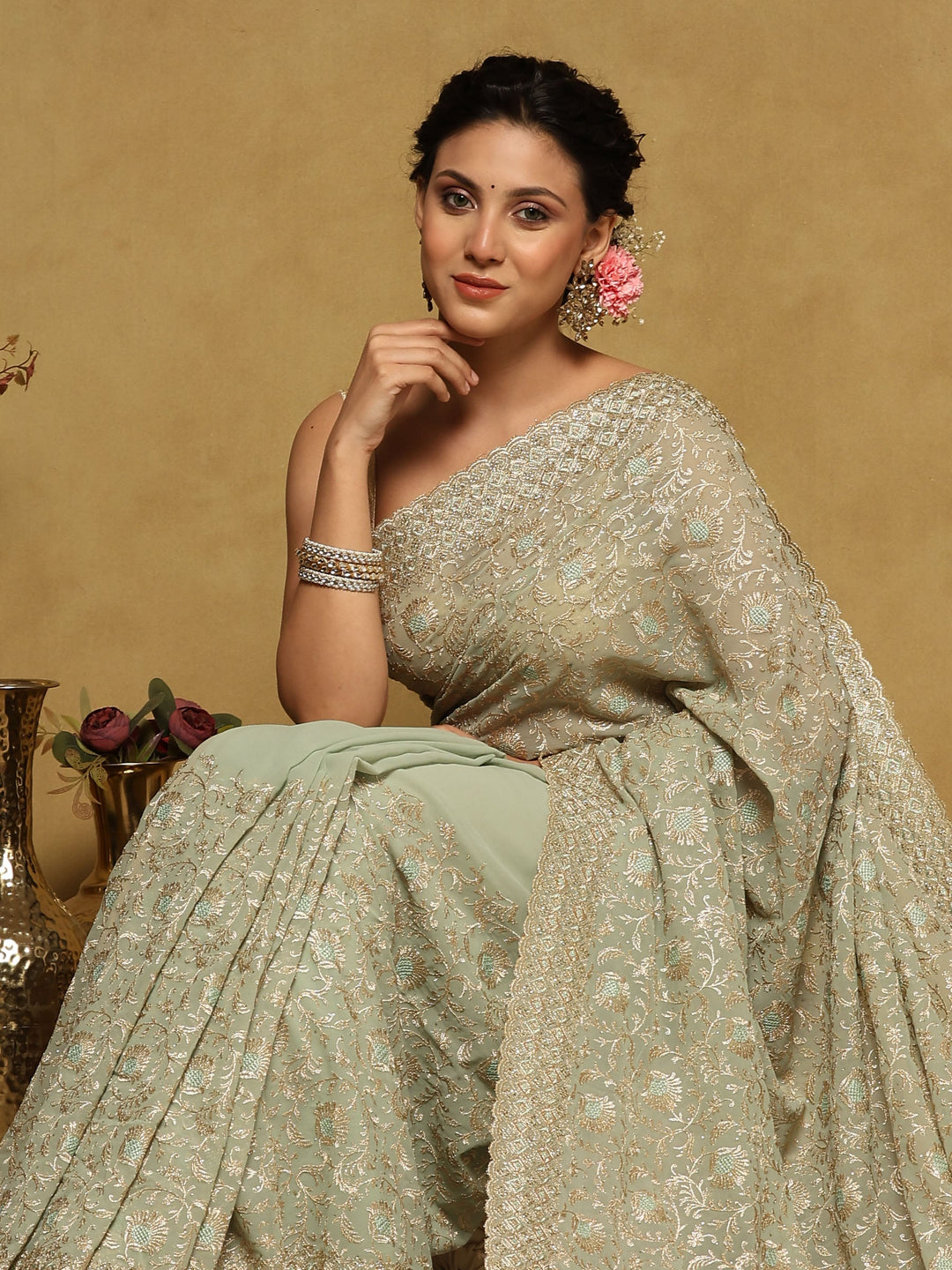 Sea Green Embroidered Georgette Saree