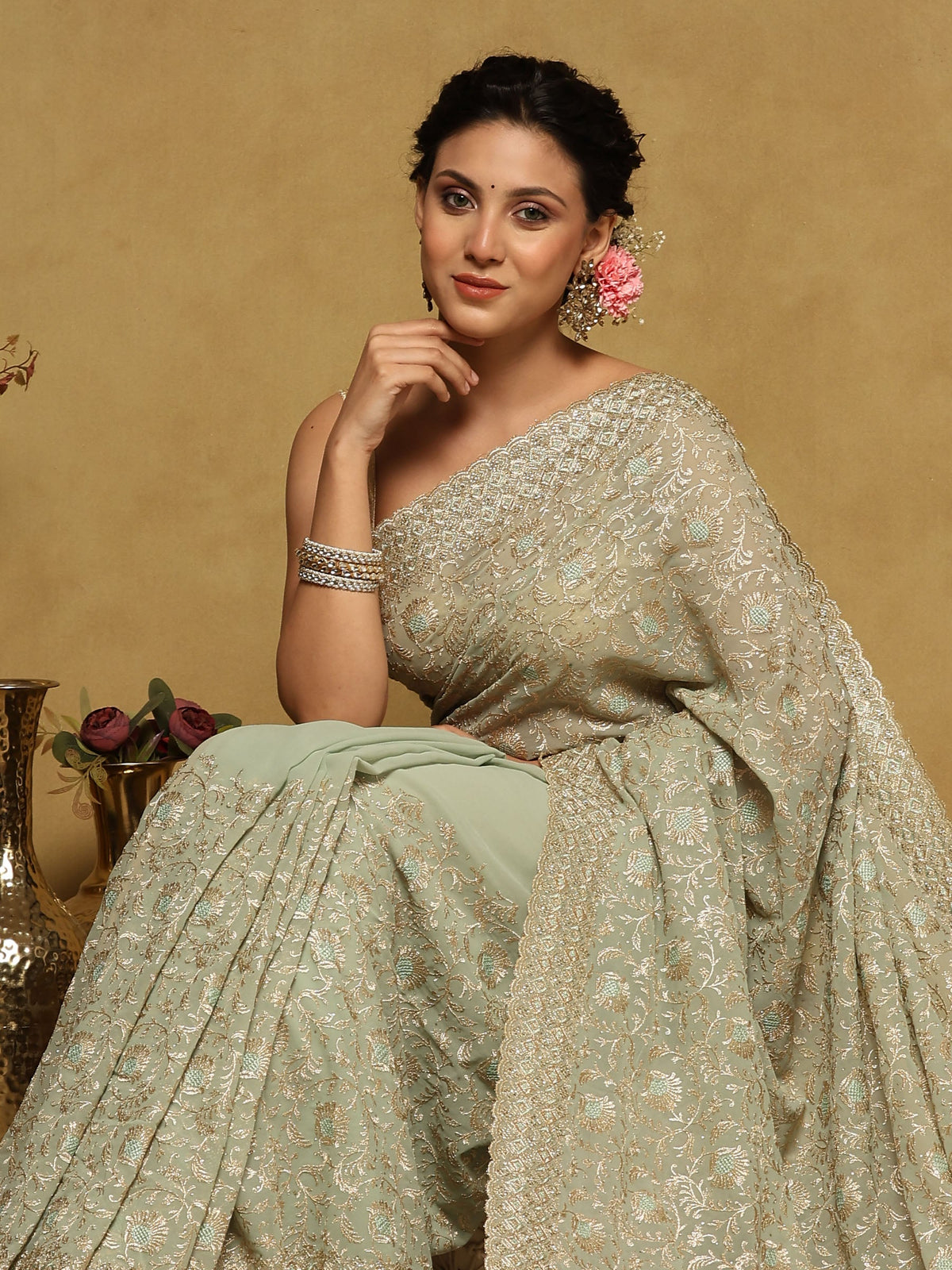 Sea Green Embroidered Georgette Saree