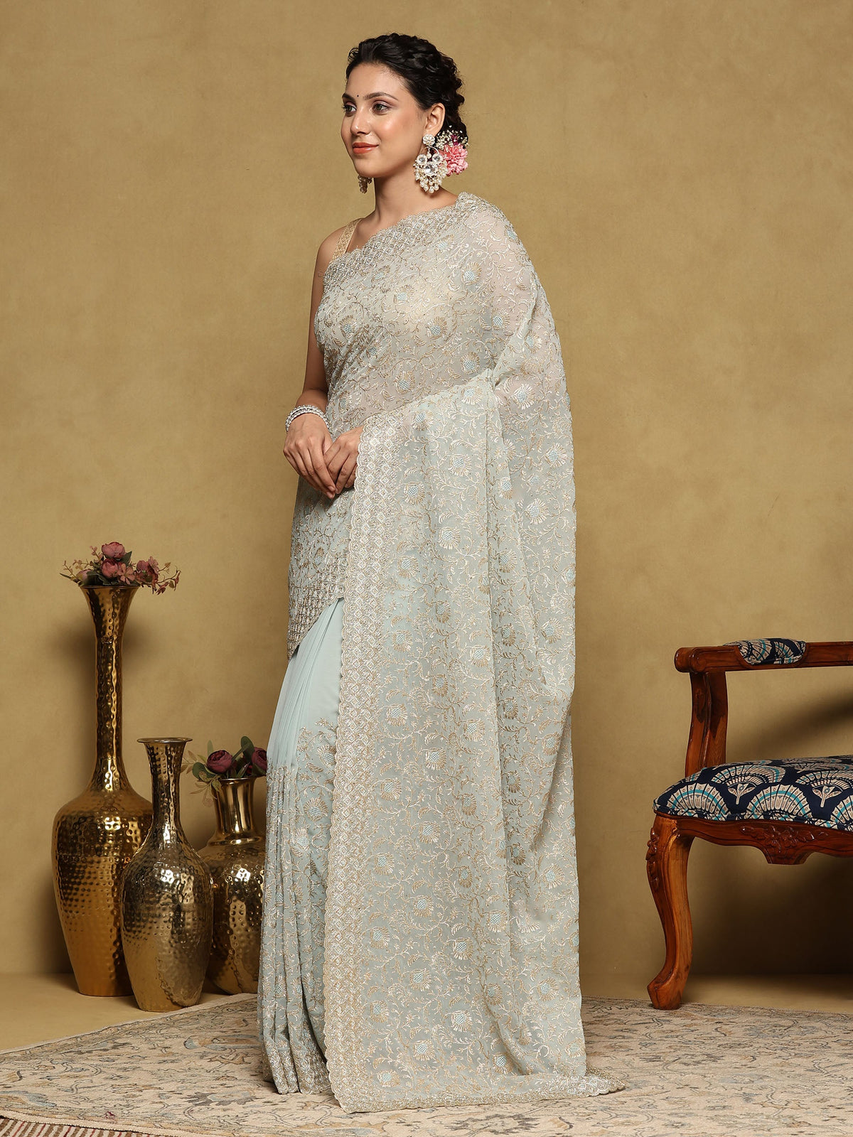 Sky Blue Embroidered Georgette Saree