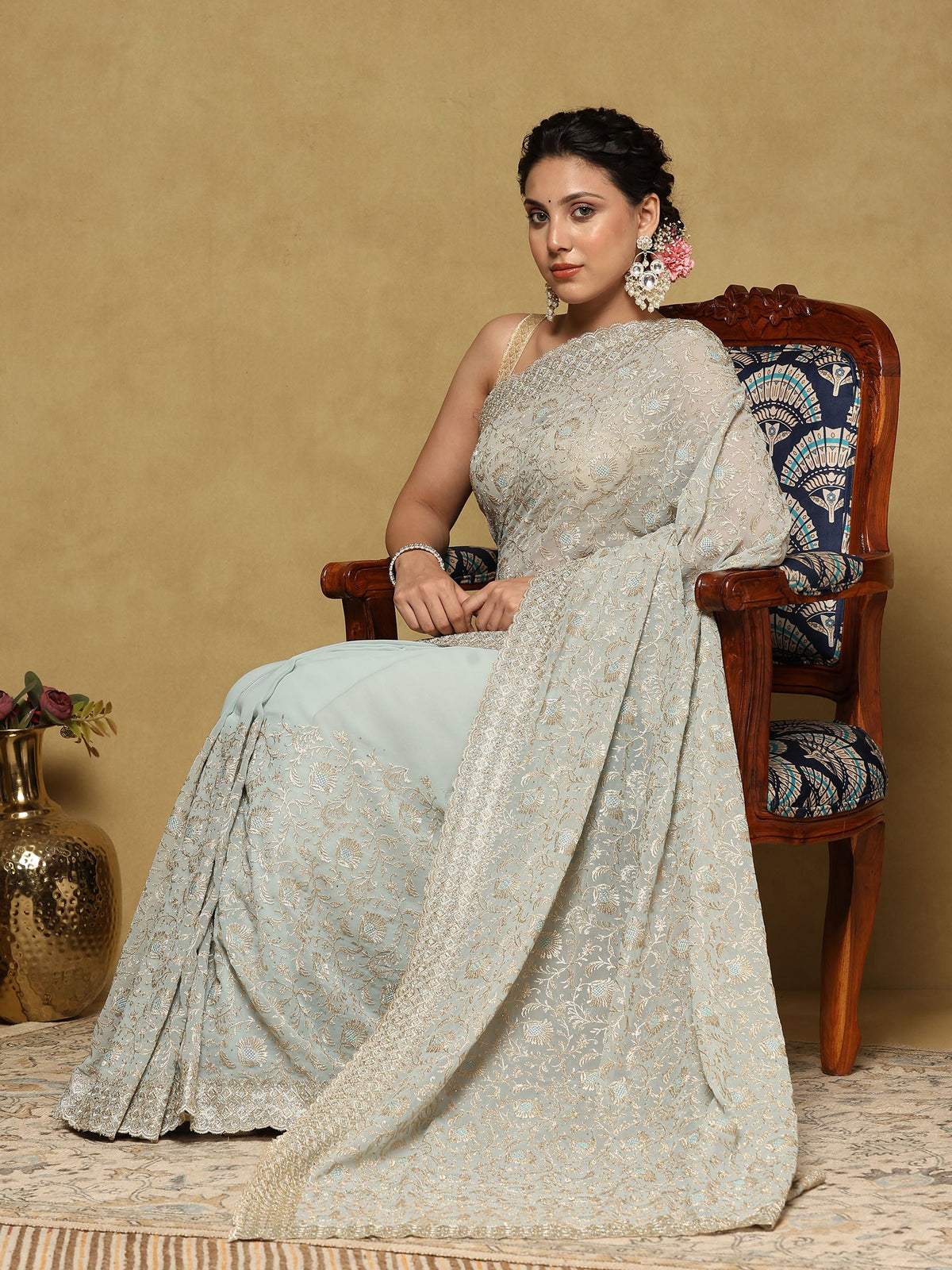 Sky Blue Embroidered Georgette Saree