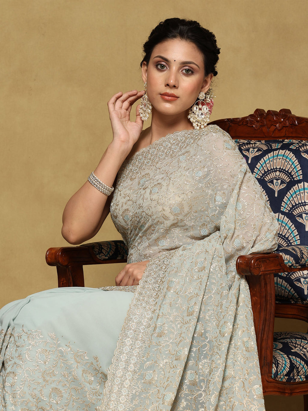 Sky Blue Embroidered Georgette Saree