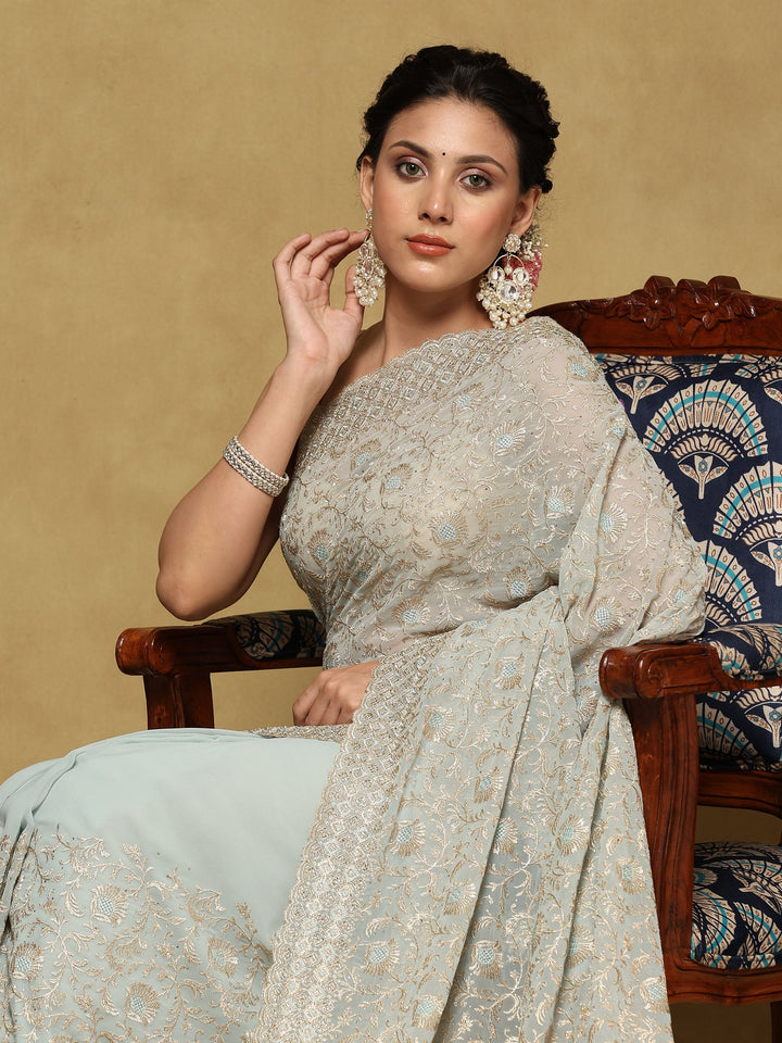 Sky Blue Embroidered Georgette Saree