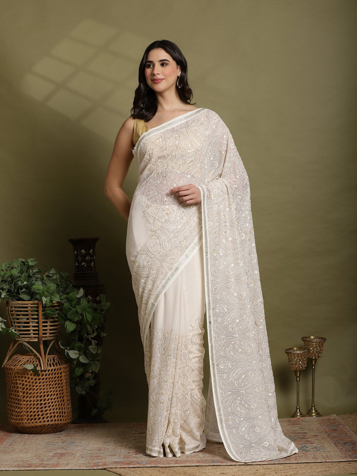 Off White Embroidered Georgette Saree