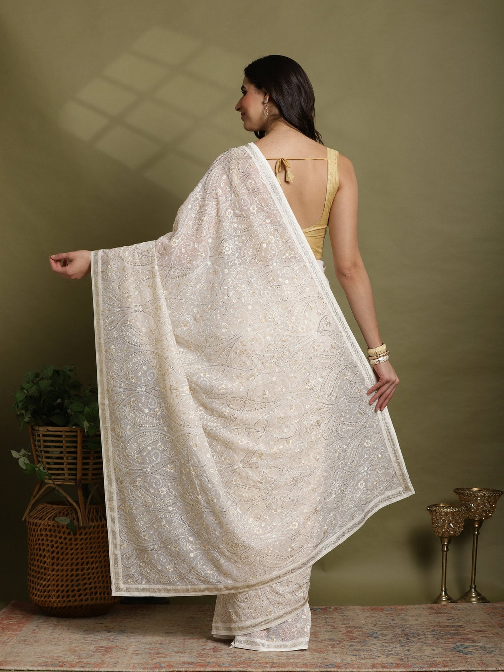 Off White Embroidered Georgette Saree