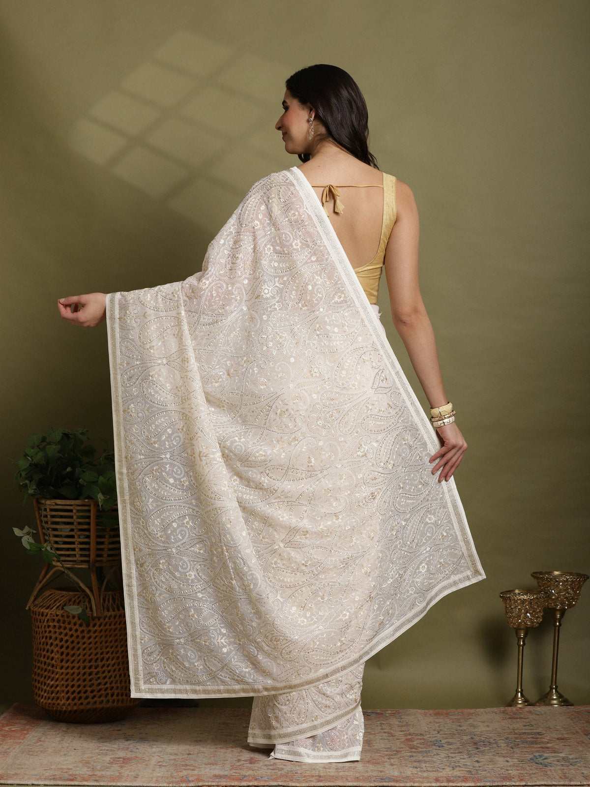 Off White Embroidered Georgette Saree