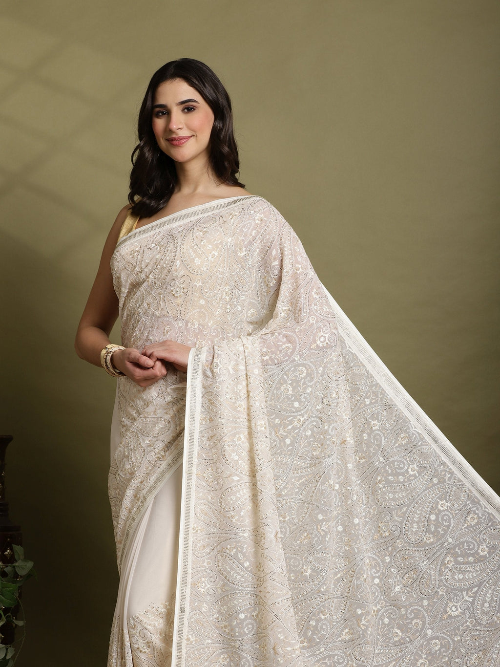 Off White Embroidered Georgette Saree