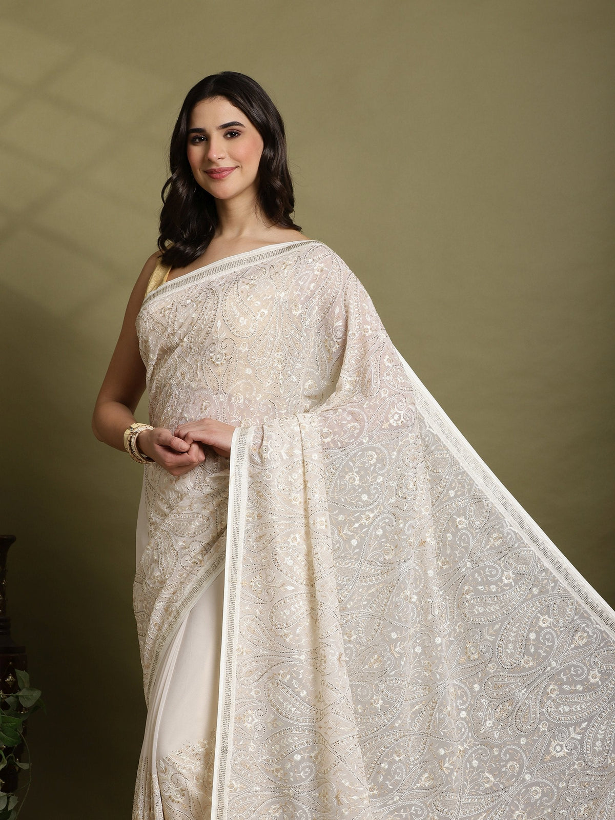 Off White Embroidered Georgette Saree