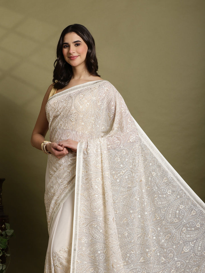 Off White Embroidered Georgette Saree