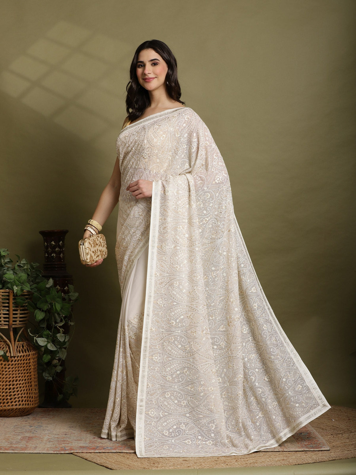 Off White Embroidered Georgette Saree