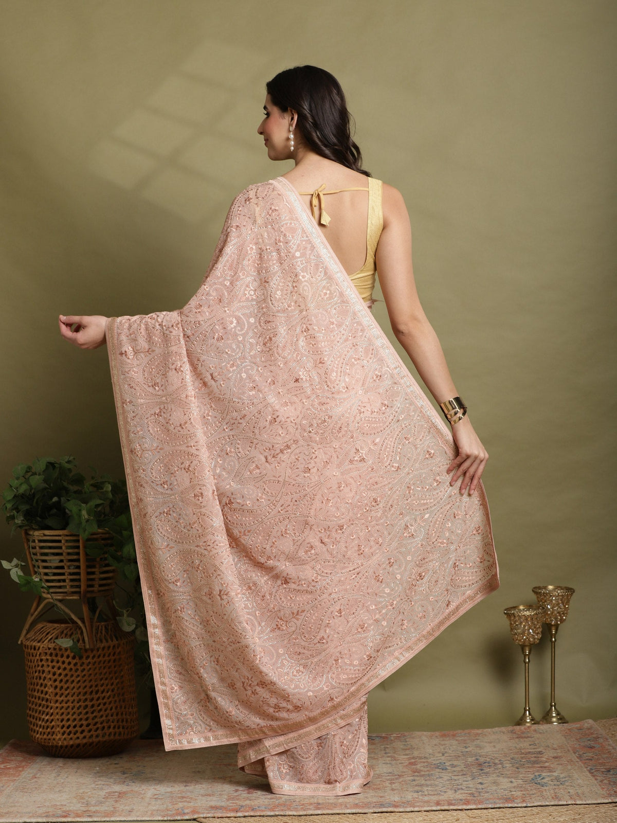 Peach Embroidered Georgette Saree