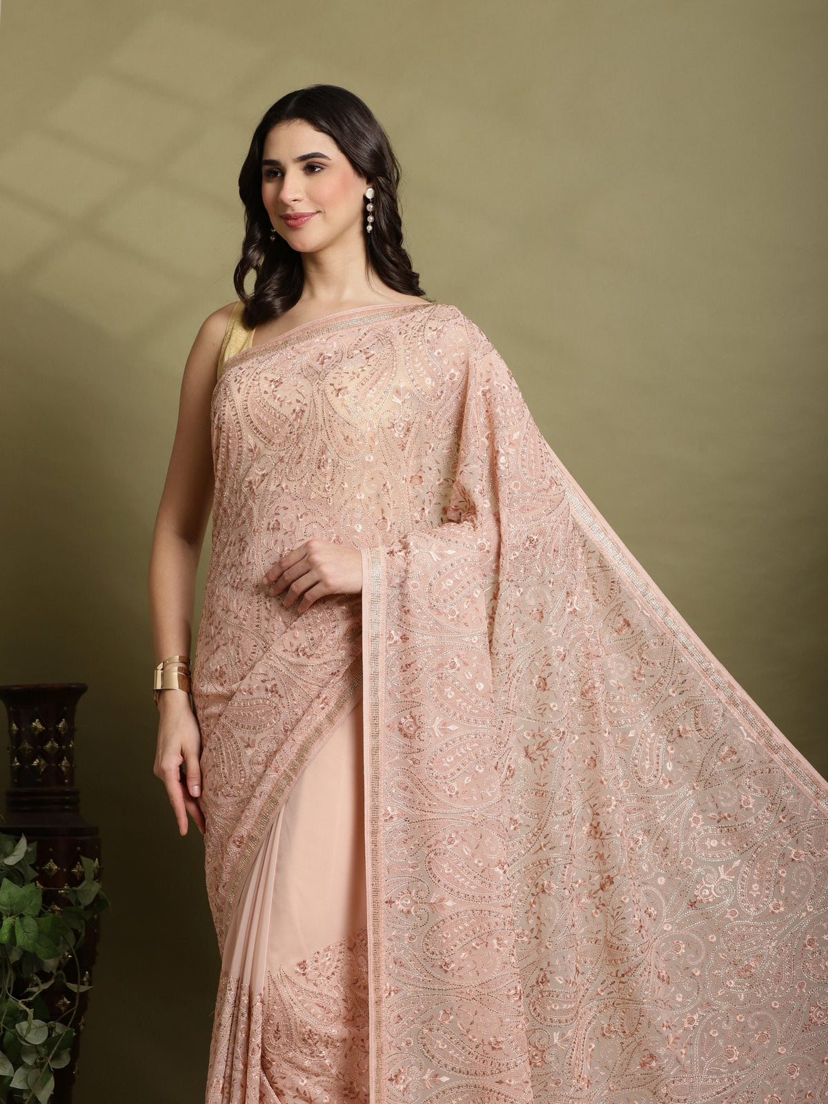 Peach Embroidered Georgette Saree