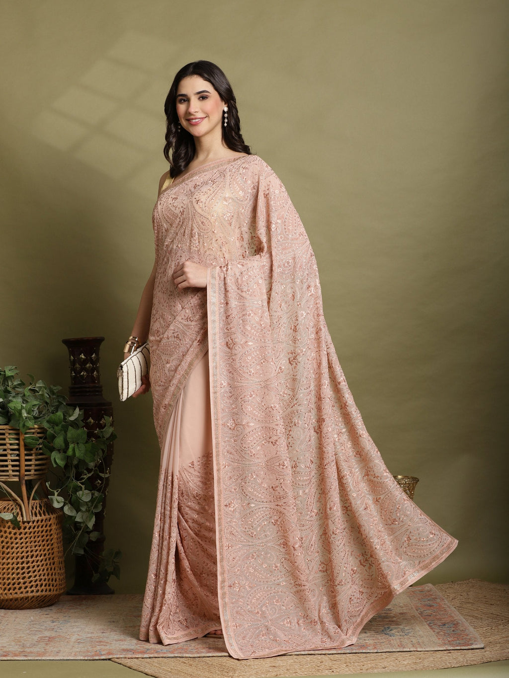 Peach Embroidered Georgette Saree