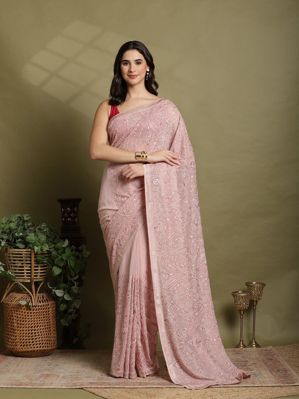 Pink Embroidered Georgette Saree
