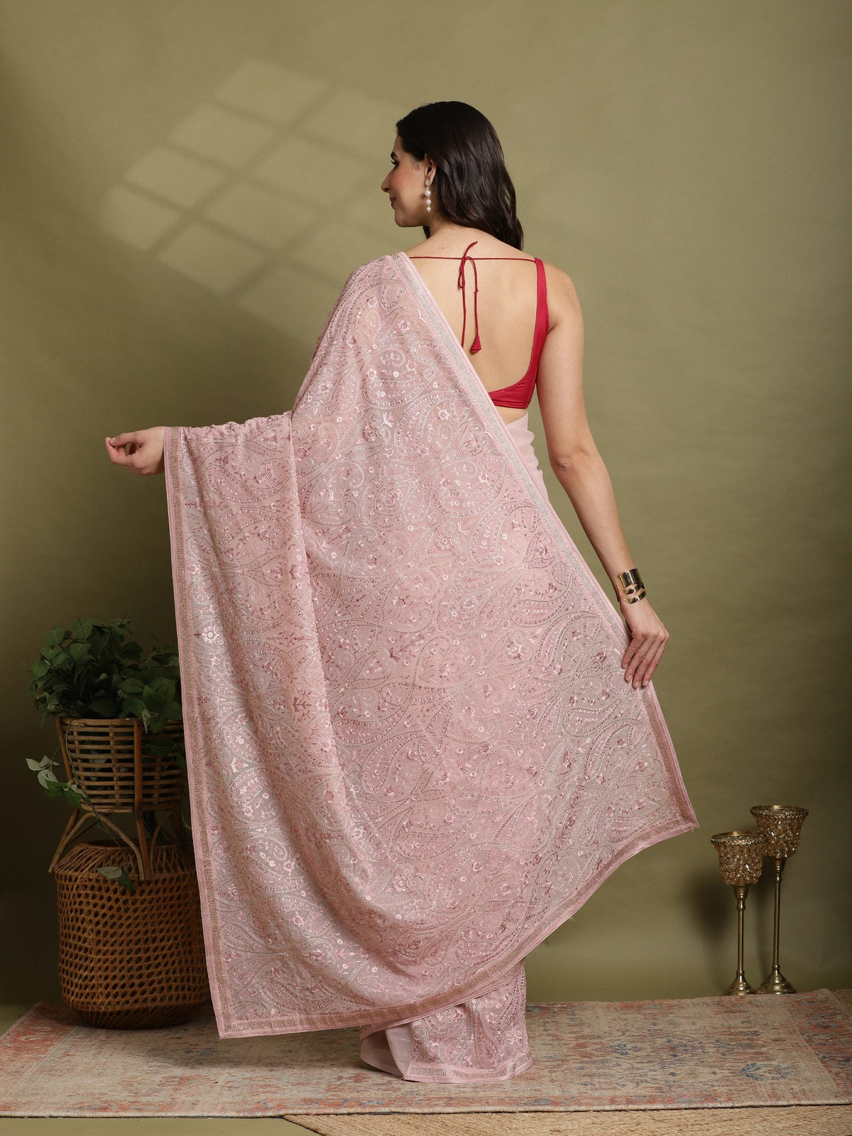 Pink Embroidered Georgette Saree
