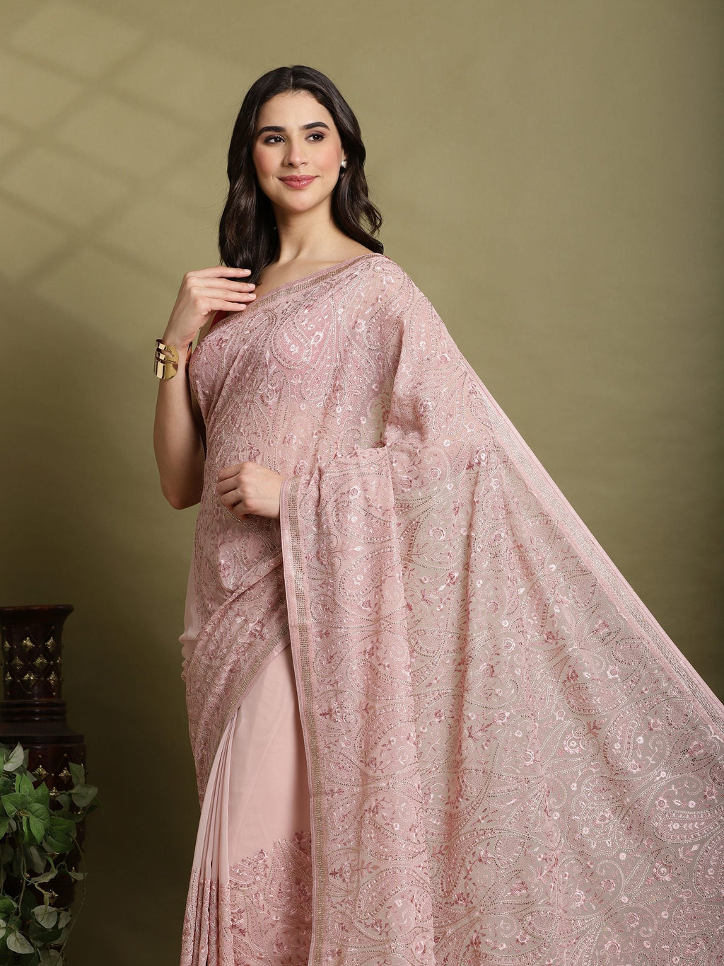 Pink Embroidered Georgette Saree