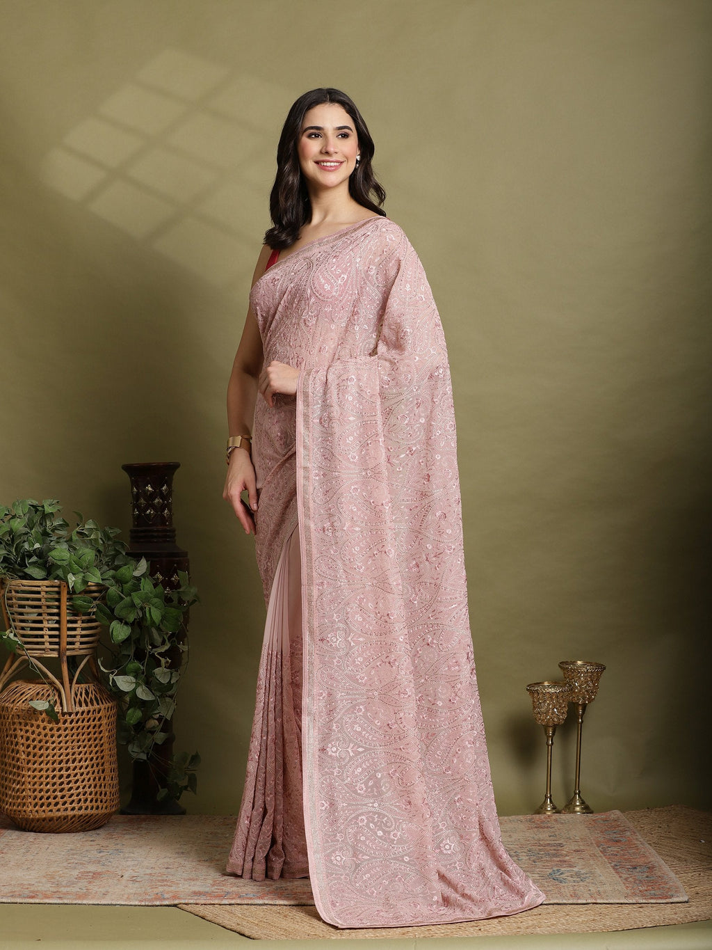 Pink Embroidered Georgette Saree