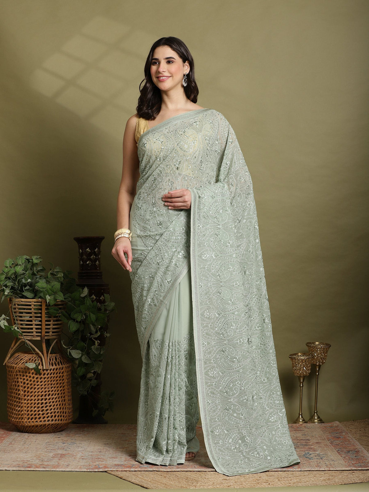 Sea Green Embroidered Georgette Saree