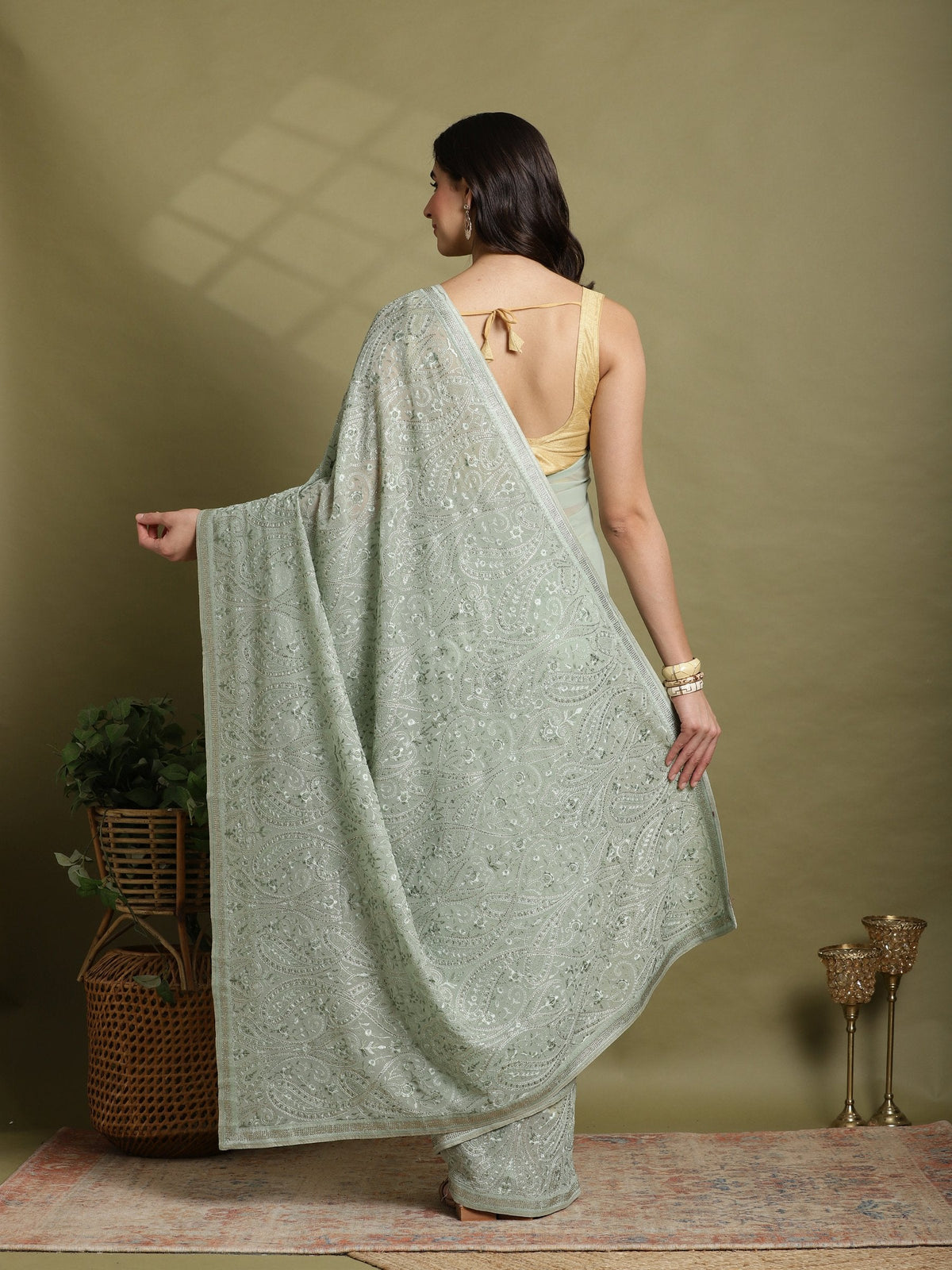 Sea Green Embroidered Georgette Saree