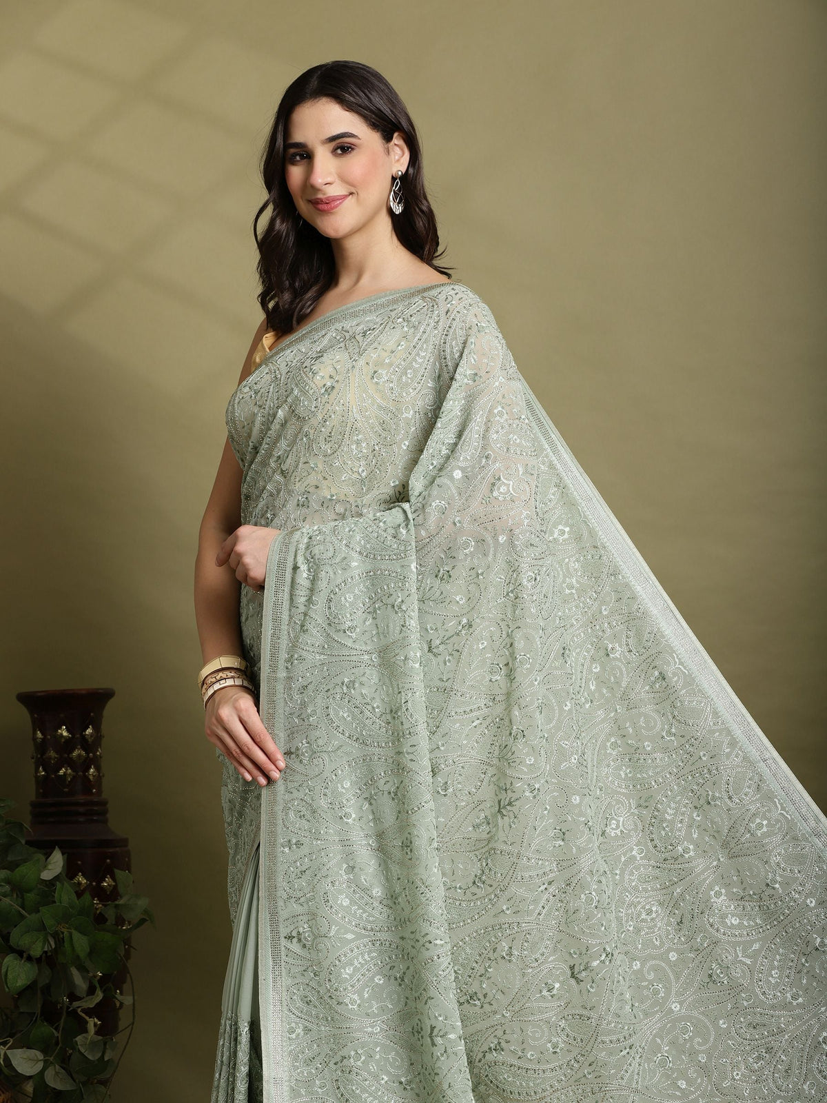 Sea Green Embroidered Georgette Saree
