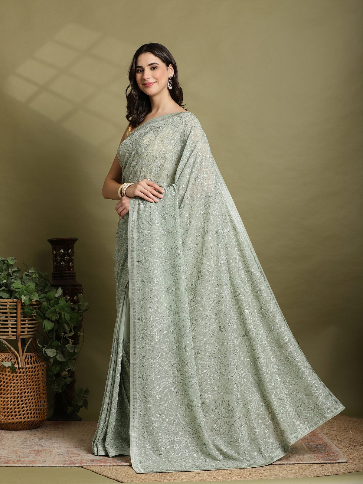 Sea Green Embroidered Georgette Saree