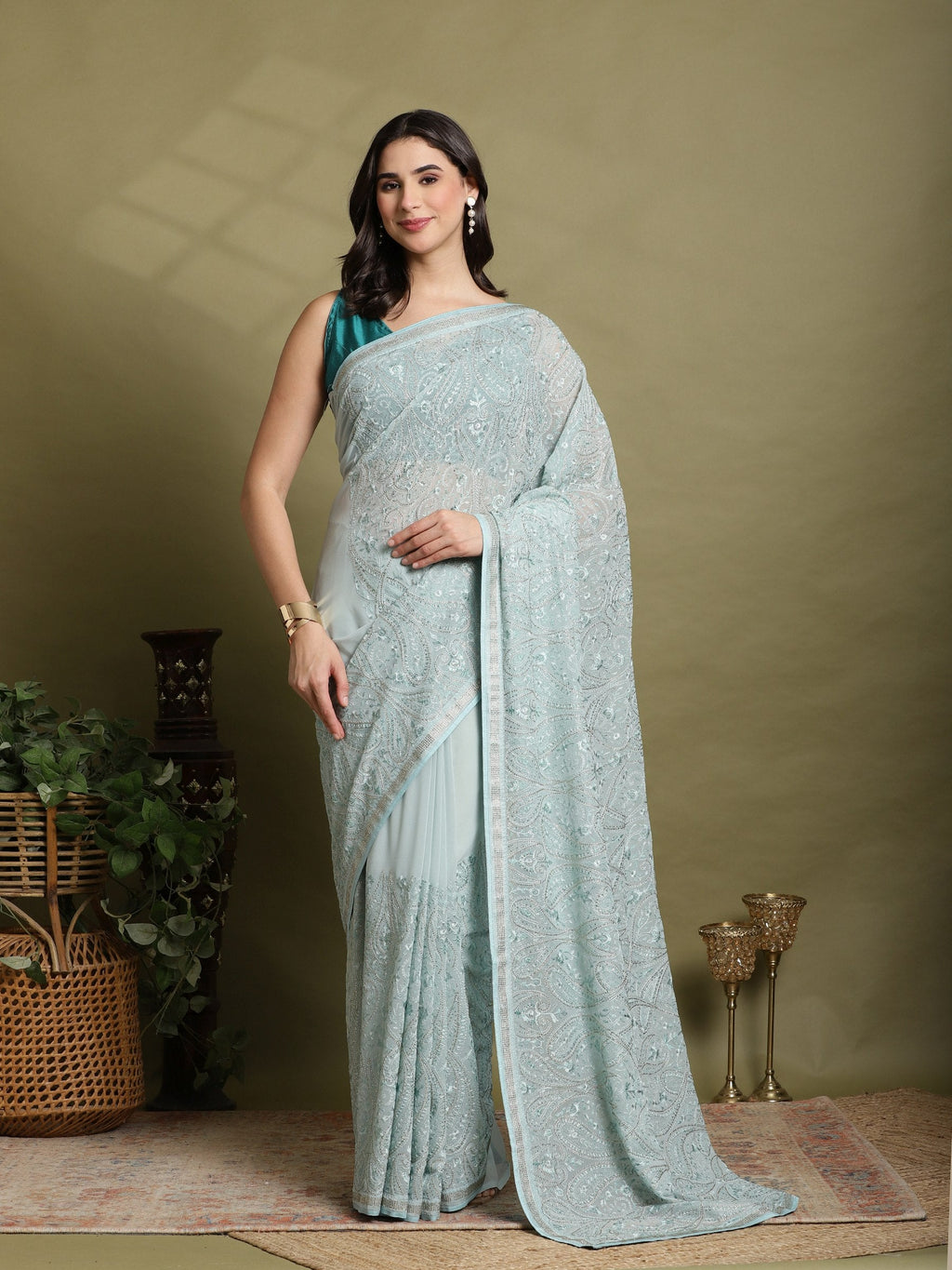 Sky Blue Embroidered Georgette Saree