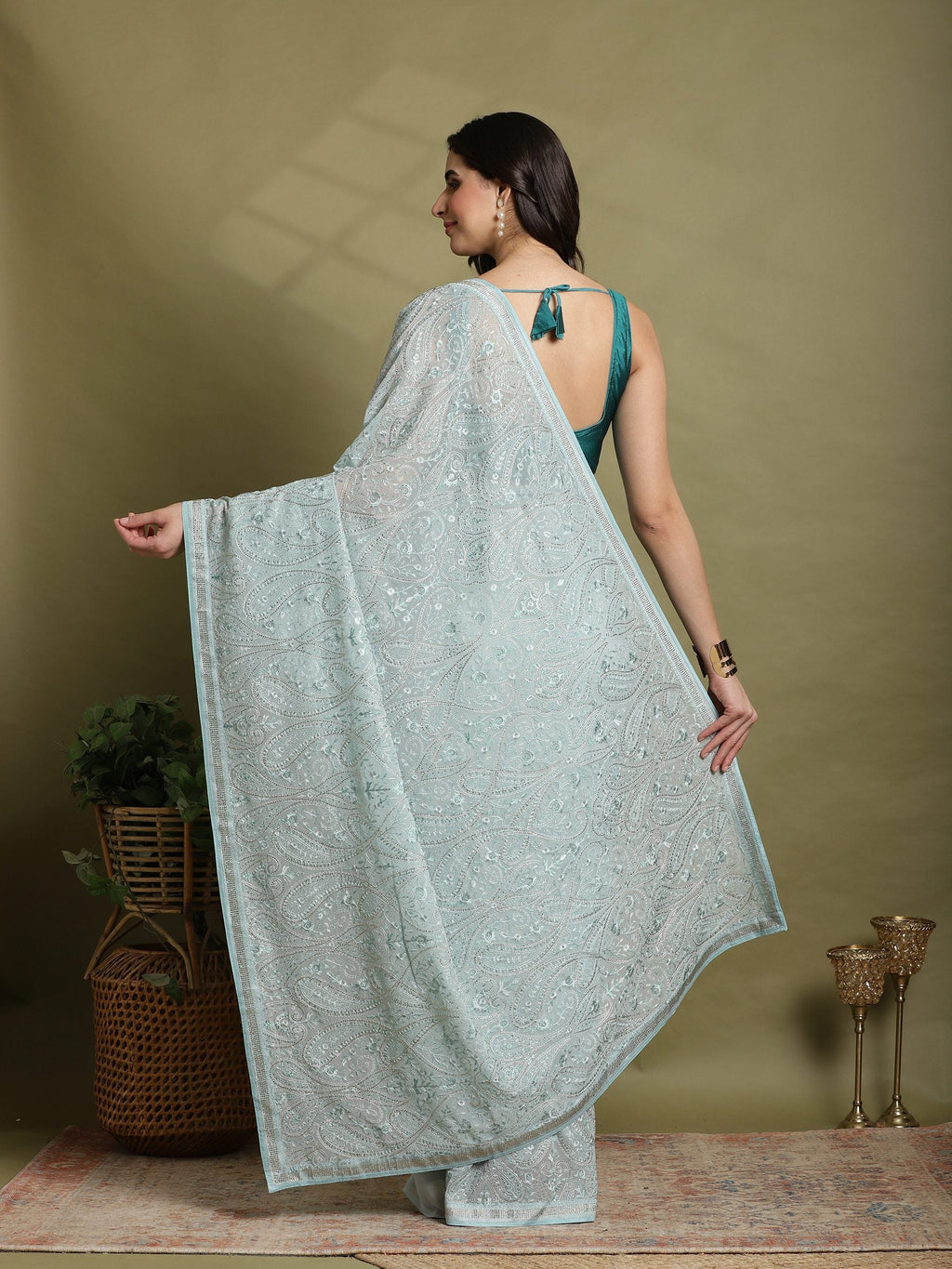 Sky Blue Embroidered Georgette Saree