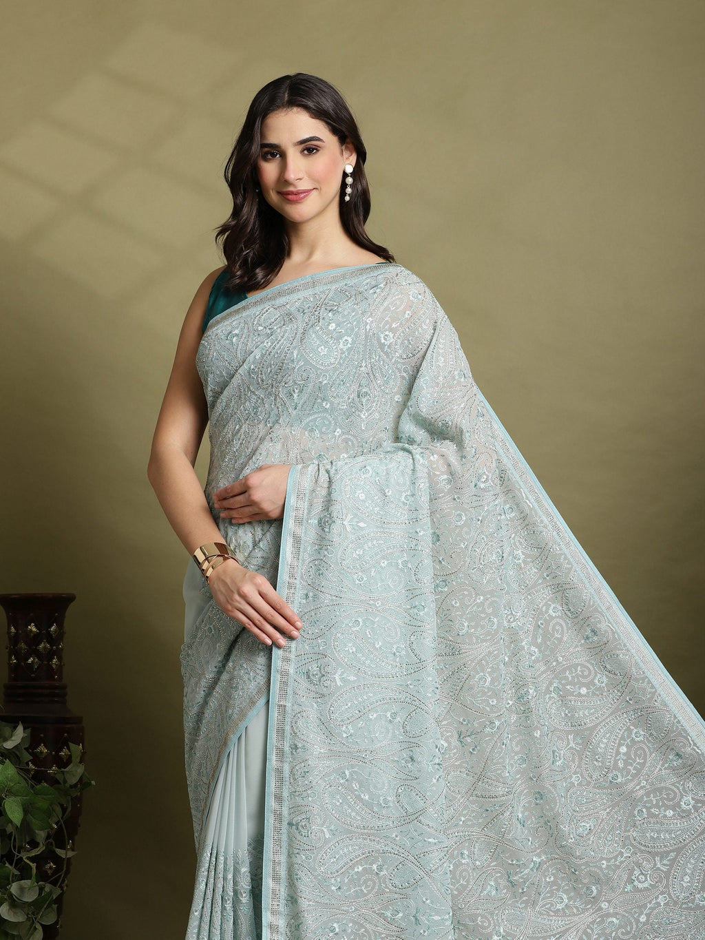 Sky Blue Embroidered Georgette Saree
