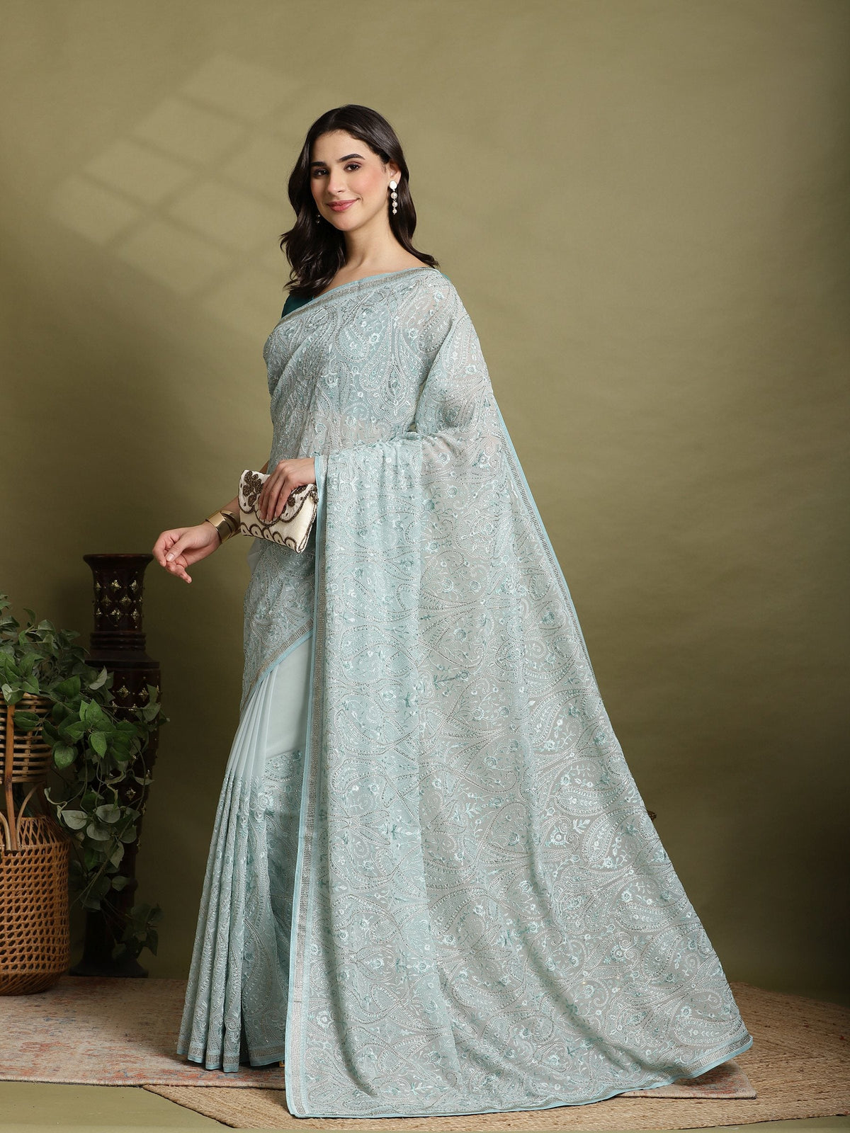 Sky Blue Embroidered Georgette Saree