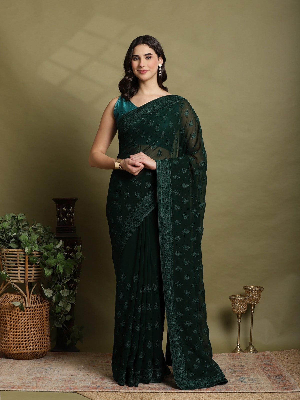Green Embroidered Georgette Saree