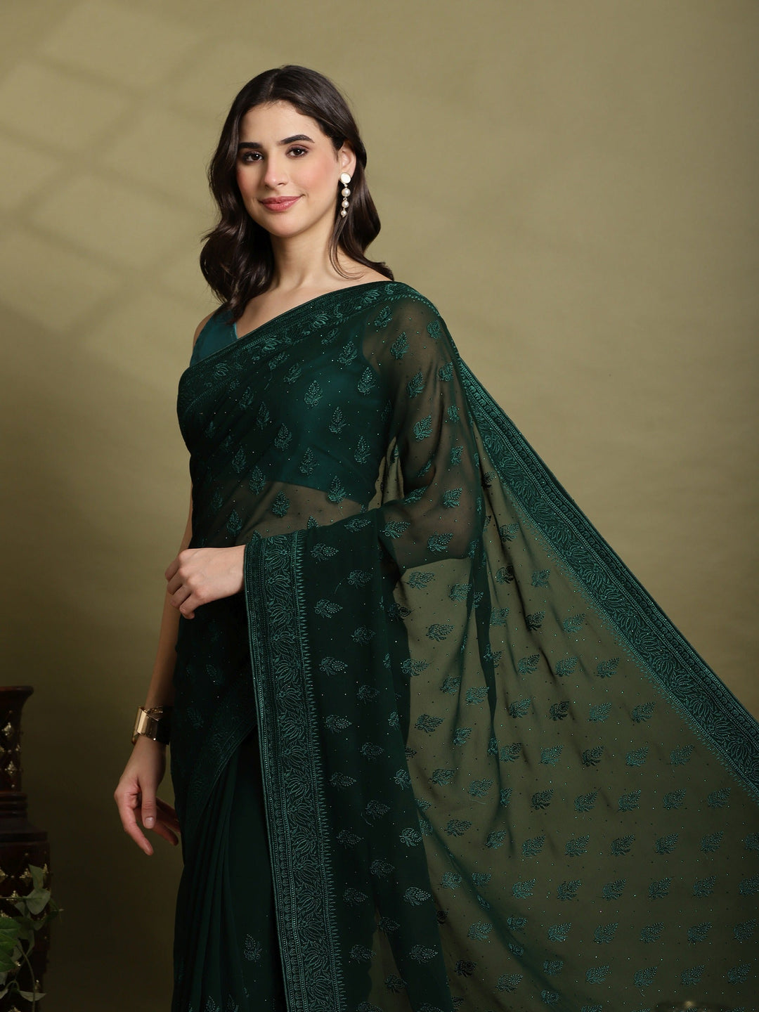 Green Embroidered Georgette Saree
