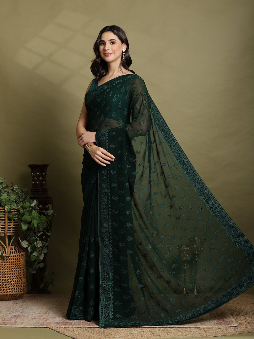 Green Embroidered Georgette Saree