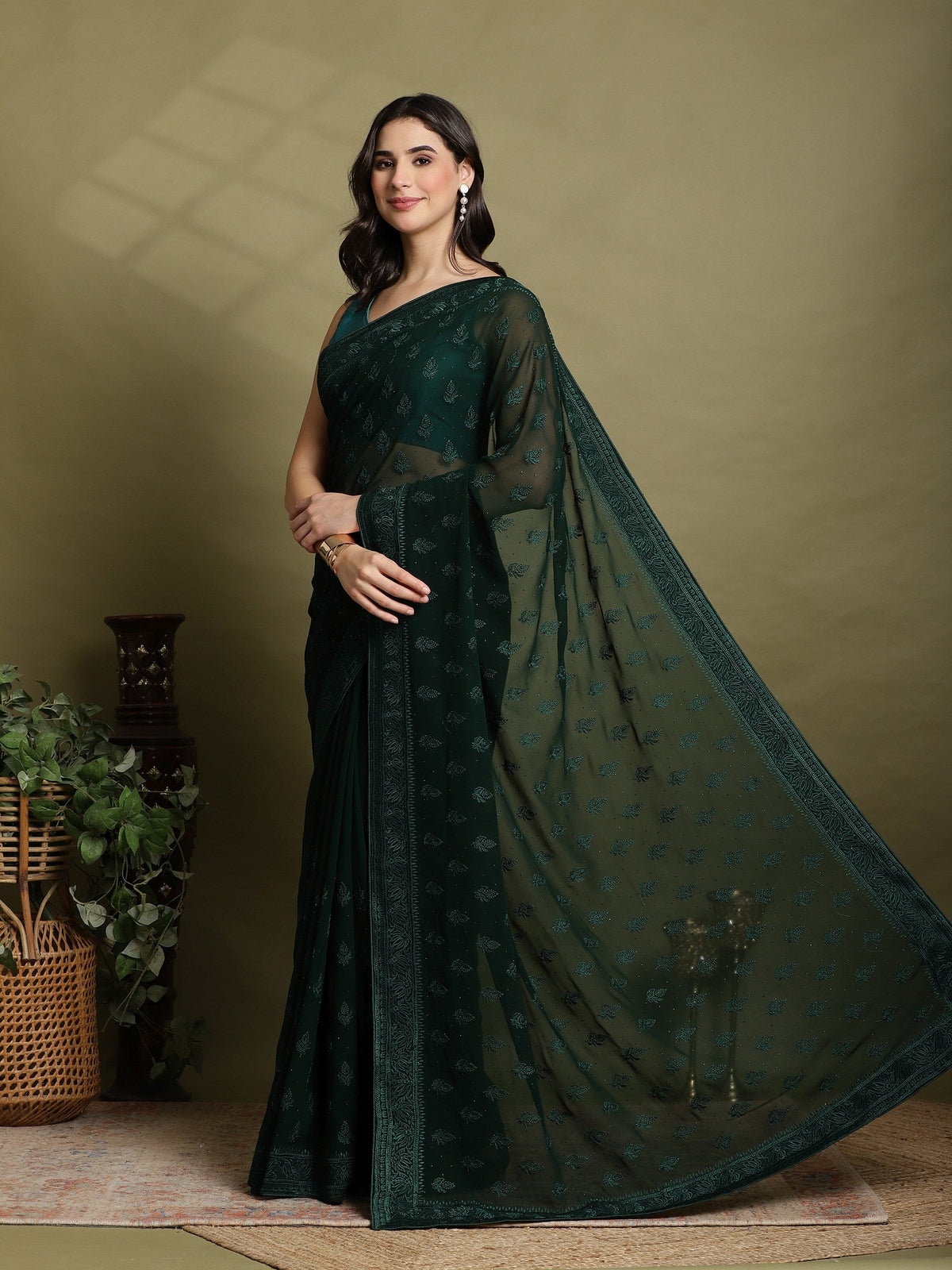 Green Embroidered Georgette Saree