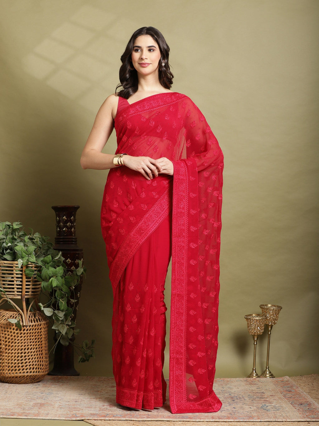 Hot Pink Embroidered Georgette Saree
