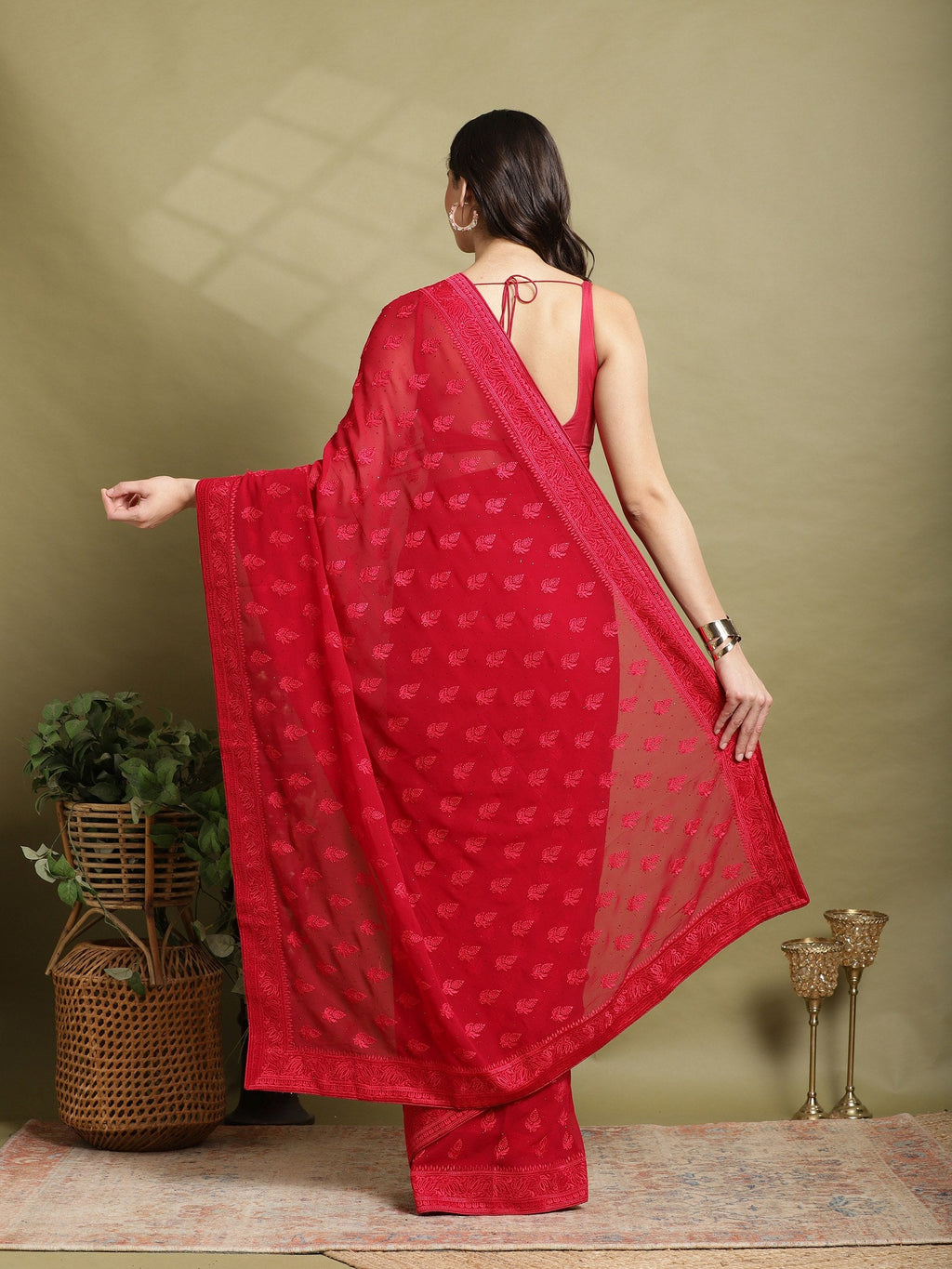 Hot Pink Embroidered Georgette Saree