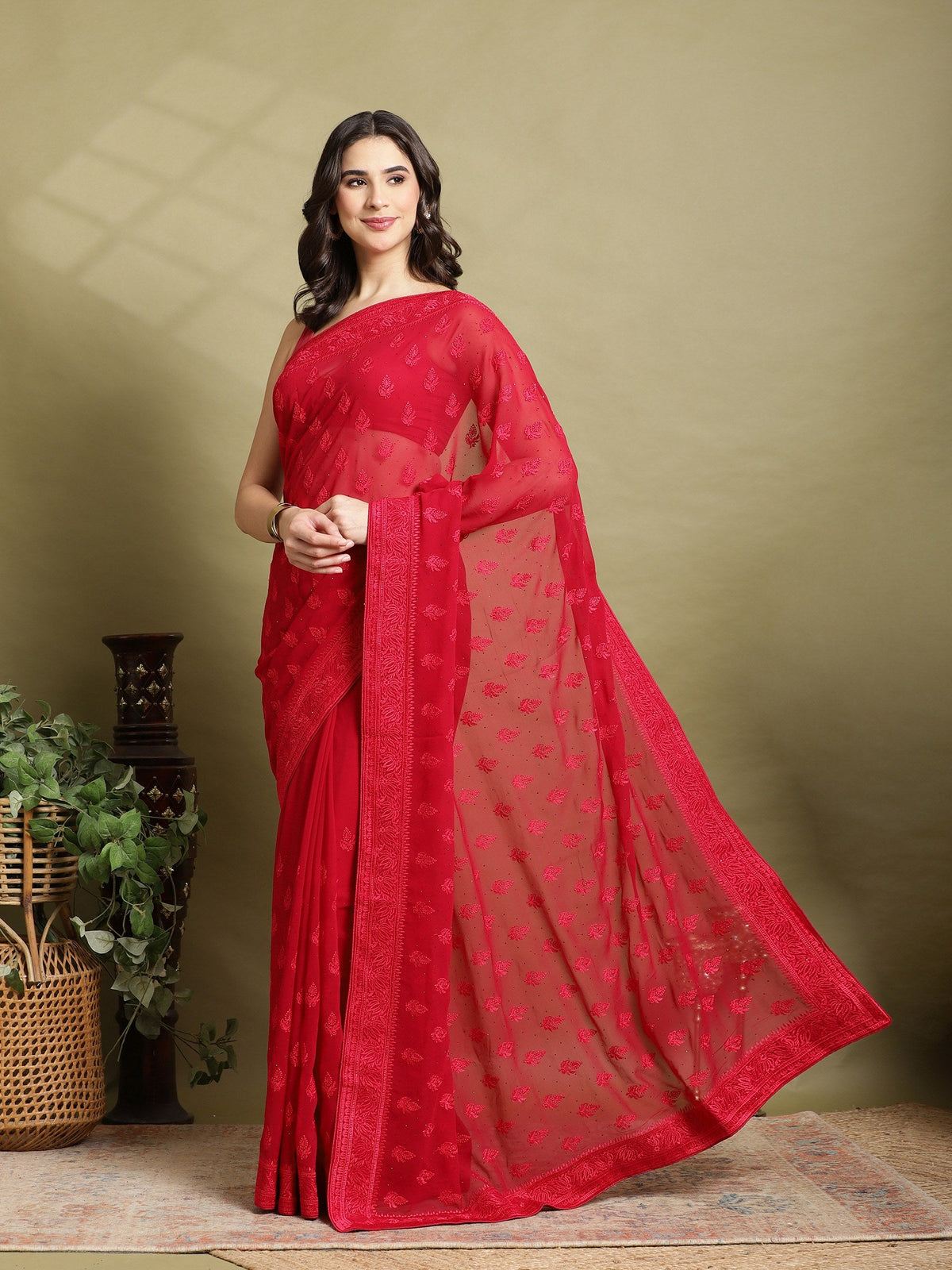 Hot Pink Embroidered Georgette Saree