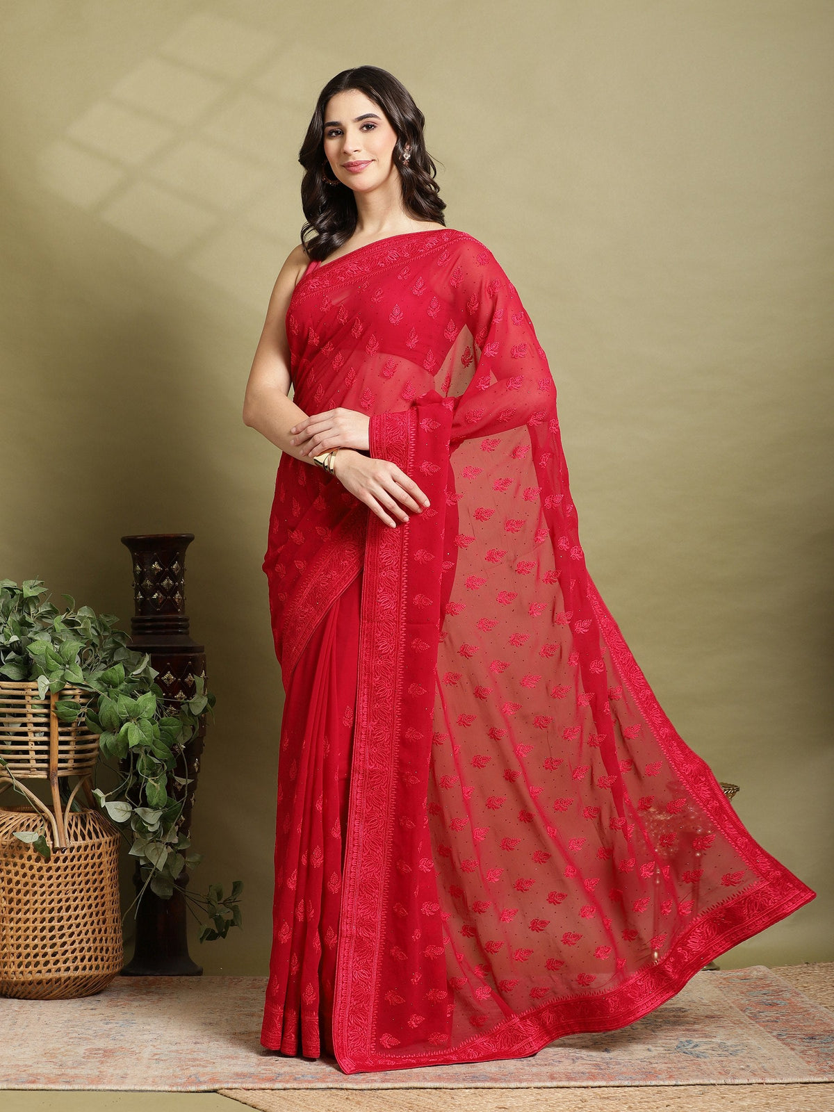 Hot Pink Embroidered Georgette Saree