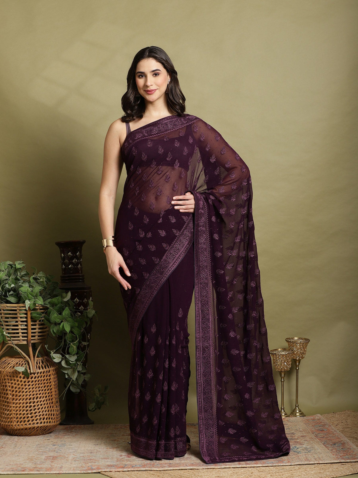 Purple Embroidered Georgette Saree